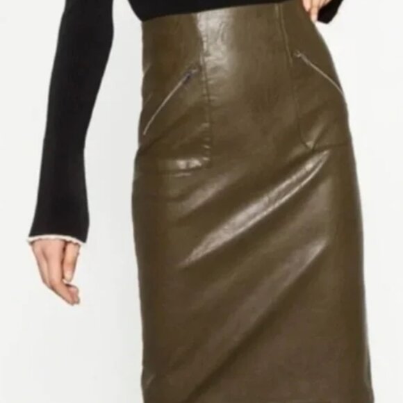 Zara Basic Olive Faux Leather Pencil Skirt - Picture 1 of 9